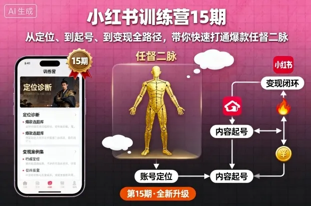 小红书训练营15期，从定位、到起号、到变现全路径，带你快速打通爆款任督二脉-来缘阁