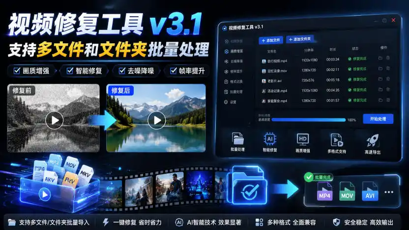视频修复工具v3.1，支持多文件和文件夹批量处理-来缘阁