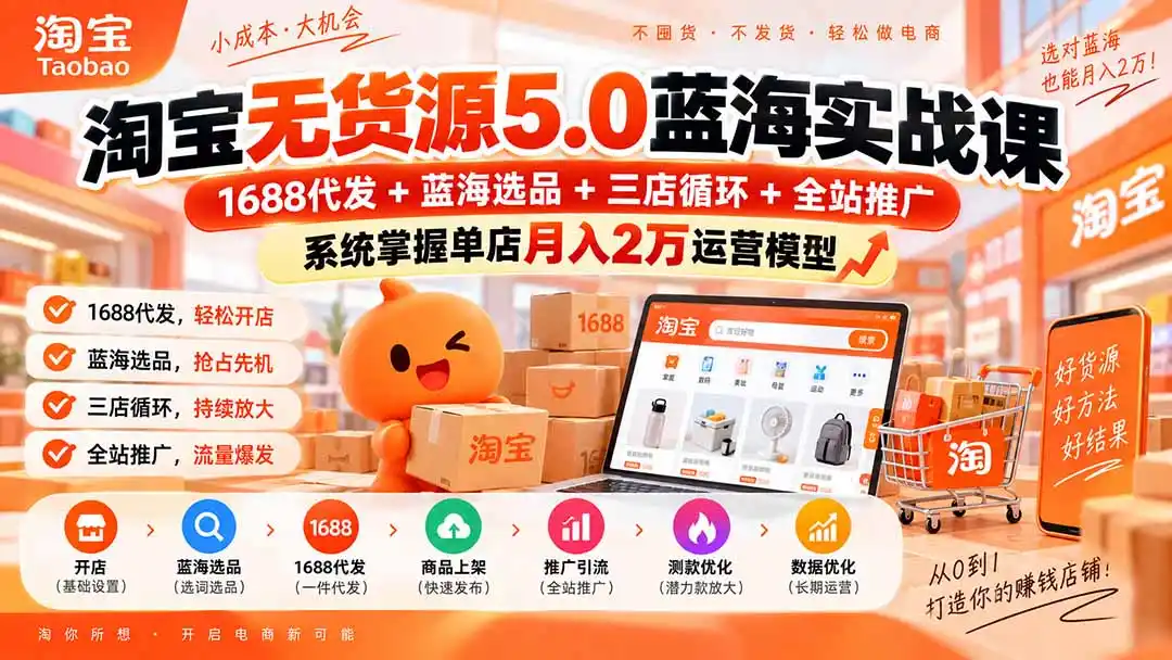 淘宝无货源5.0蓝海实战课-更新:1688代发+蓝海选品+三店循环+全站推广,系统掌握单店月入2万运营模型-来缘阁