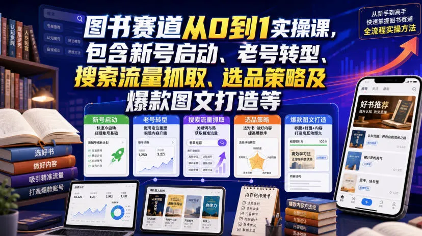 图书赛道从0到1实操课,包含新号启动、老号转型、搜索流量抓取、选品策略及爆款图文打造等-来缘阁