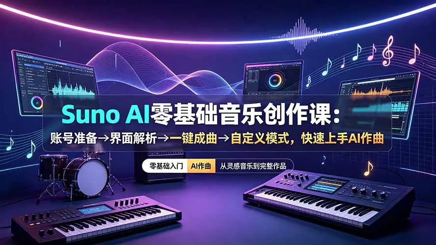 Suno AI零基础音乐创作课：账号准备→界面解析→一键成曲→自定义模式，快速上手AI作曲-来缘阁