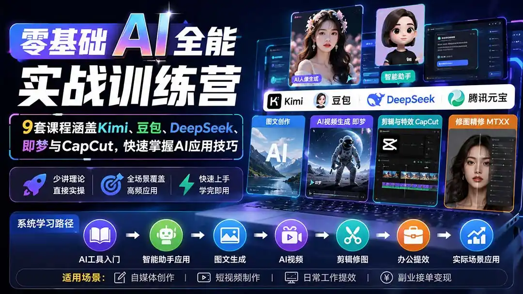 零基础AI全能实战训练营：9套课程涵盖Kimi、豆包、DeepSeek、即梦与CapCut，快速掌握AI应用技巧-来缘阁