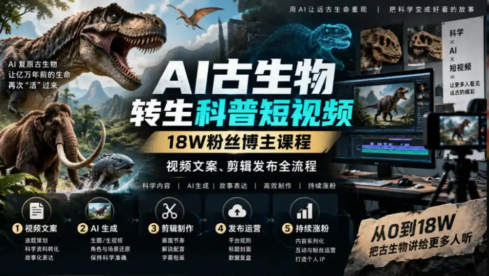 AI古生物转生科普短视频,18W粉丝博主课程,视频文案、剪辑发布全流程-来缘阁